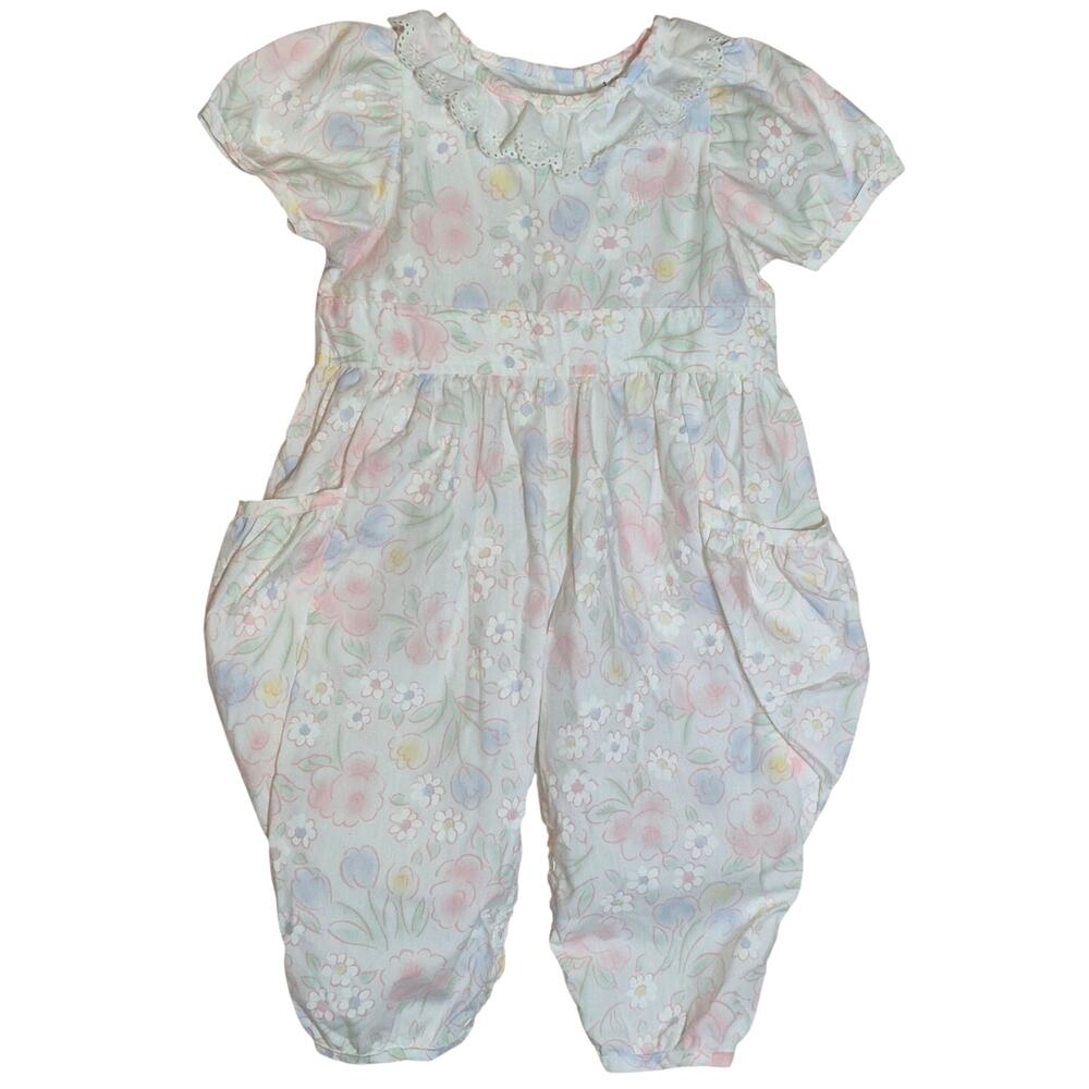 Vintage 80s Baby Dior Floral Pastel Bubble Romper Jumpsuit Lace Collar 12Mo. HTF